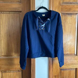 Navy True Craft Cropped Sweatshirt Velvet Lace-Up Detail Size XL